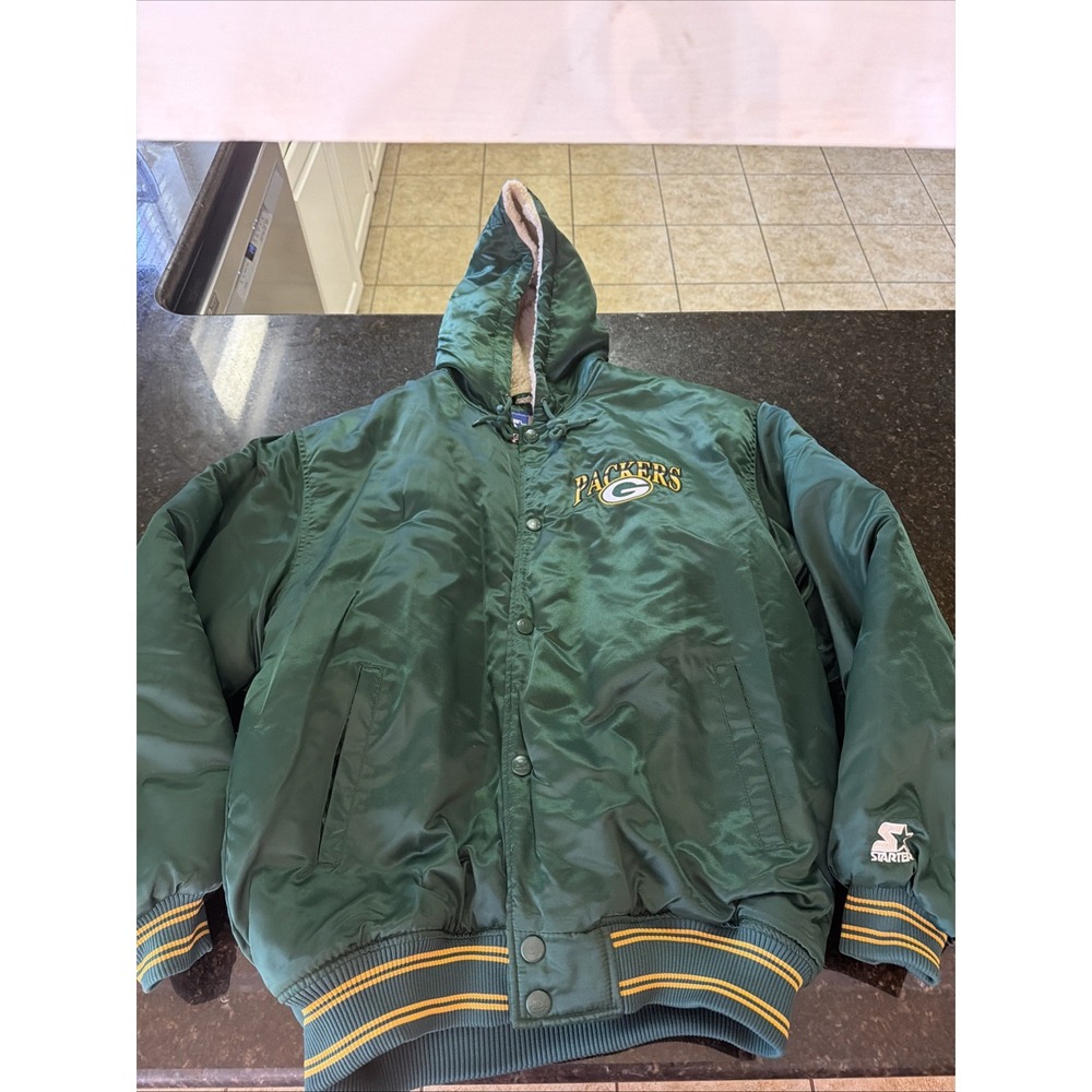 Vintage Starter Green Bay Packers Satin Jacket Large Hooded Sherpa NFL Coat Men